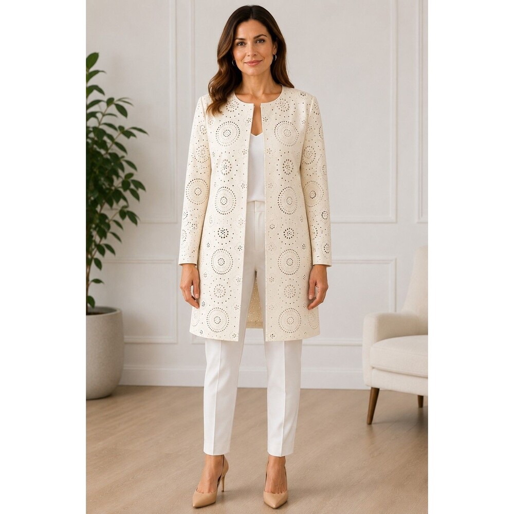 Neiman Marcus Exclusive Leather Laser Cut Long Jacket Coat Ivory Women’s Medium